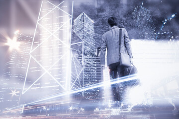 Back view of businessman carrying bags and city with skyscrapers. Double exposure effects.