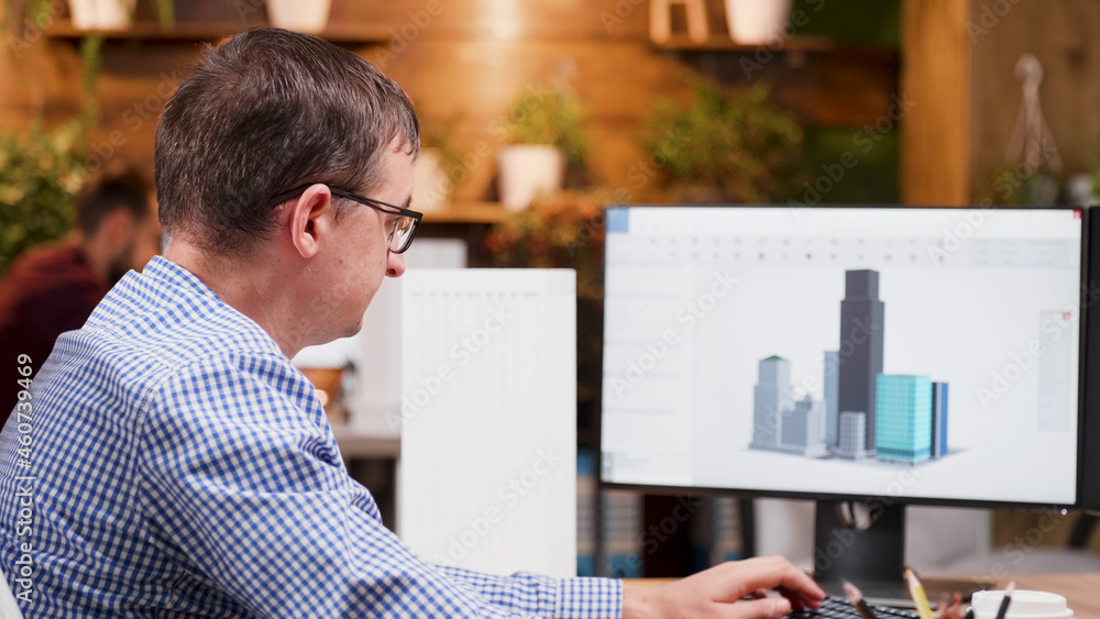 Poster Engineer man working at architectural building prototype on computer using digital company software. Workaholic architect developing industrial construction structure for creativity project