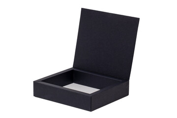 Open black cardboard box or box with magnetic closure isolated on white background. Macro...