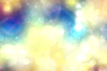 Abstract blurred fresh vivid spring summer light delicate blue yellow white bokeh background texture with bright circular soft color lights. Beautiful backdrop illustration. Space.