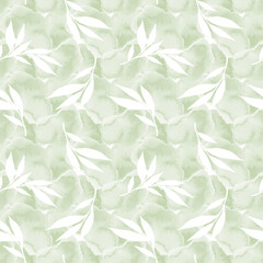 Floral background with white leaves watercolour in hand drawn style. White leaves seamless pattern on Texture Watercolour. Foliage background for paper, textile, wrapping and wallpaper.