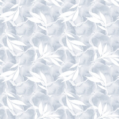 Floral background with white leaves watercolour in hand drawn style. White leaves seamless pattern on Texture Watercolour. Foliage background for paper, textile, wrapping and wallpaper.