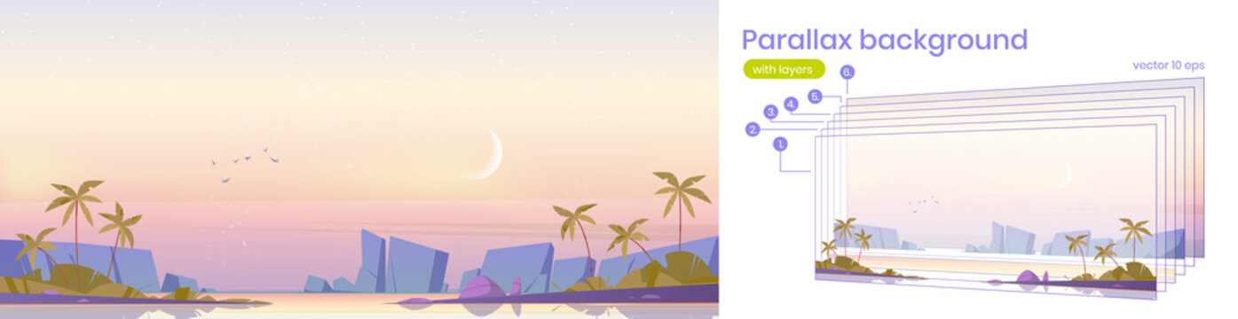 Parallax background for game tropical island at early morning, calm sea and palm trees under pink cloudy sky, ocean water surface and birds in dawn heaven. Beautiful nature cartoon vector 2d landscape