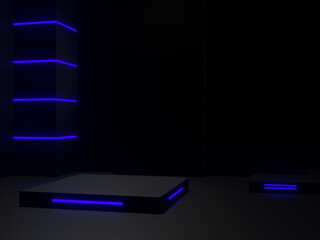 Black scientific podium with blue neon lights