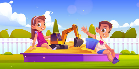Obraz na płótnie Canvas Children playing in sand box, little boy and girl sitting in sandbox with toys playing with excavator and plastic bucket. Kids outdoor fun, summer recreation at house yard, Cartoon vector illustration