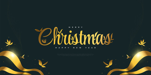 Merry Christmas and Happy New Year Banner or Poster in Blue and Gold with Floral Illustration