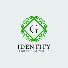 G letter leaf monogram logo and text badge emblem -  vector image