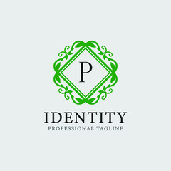 P letter leaf monogram logo and text badge emblem -  vector image