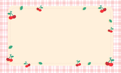 Cute Ornament Element Cherry Pastel Pink Gingham Pattern Paper Background Frame Border. Blank note Vector Illustration. Editable Stroke.