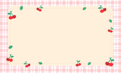 Cute Ornament Element Cherry Pastel Pink Gingham Pattern Paper Background Frame Border. Blank note Vector Illustration. Editable Stroke.