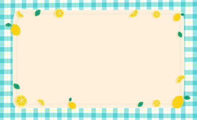 Cute Ornament Element Lemon Pastel Blue Gingham Pattern Paper Background Frame Border. Blank note Vector Illustration. Editable Stroke.