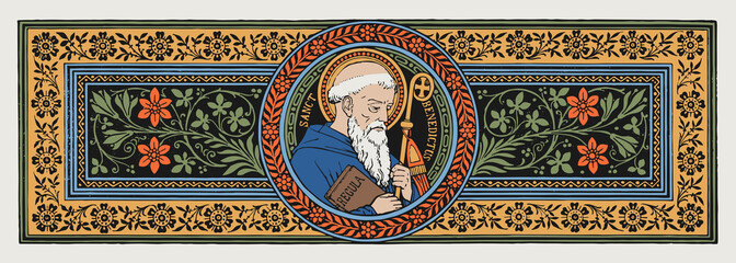 St. Benedict of Nursia, Catholic engraving vector. Catholic monk. Catholic Saint. Father of Western monasticism. Patron saint of Europe. Lived from 480 - 547 A.D - obrazy, fototapety, plakaty