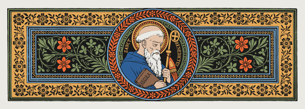 St. Benedict of Nursia, Catholic engraving vector. Catholic monk. Catholic Saint. Father of Western monasticism. Patron saint of Europe. Lived from 480 - 547 A.D