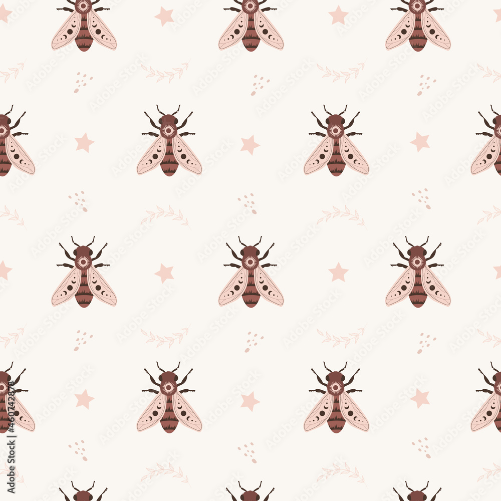 Wall mural seamless pattern with boho honeybee. insect with celestial elements. witch and magic symbol for text