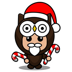 cartoon vector illustration of cute owl animal mascot costume character wearing christmas hat and holding christmas candy