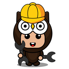 cartoon vector illustration of cute owl animal mascot costume character holding mechanical tool