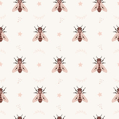 Seamless pattern with boho honeybee. Insect with celestial elements. Witch and magic symbol for textile, fabric, prints. Abstract hand drawn vector illustration in bohemian style.