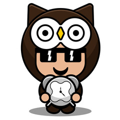 cartoon vector illustration of cute owl animal mascot costume character holding clock