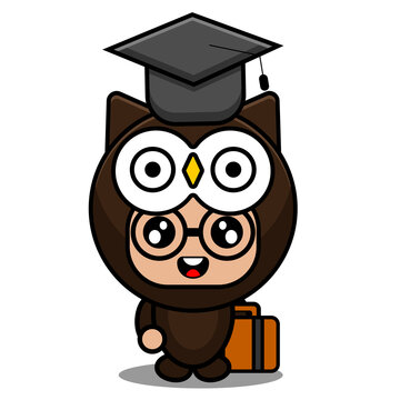 vector cartoon character cute owl animal mascot costume wearing graduation hat holding school bag