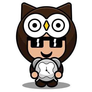 cartoon vector illustration of cute owl animal mascot costume character holding clock
