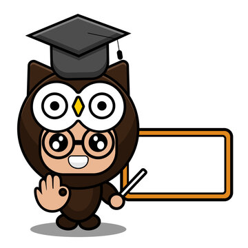 vector cartoon character cute owl animal mascot costume wearing teacher graduation hat on white board