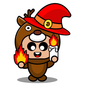 vector cartoon character Halloween animal mascot costume red witch holding fire and candle