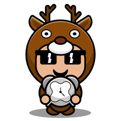 cartoon vector illustration of cute deer animal mascot costume character holding clock