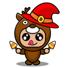 vector cartoon character Halloween animal mascot costume red witch holding halloween candy