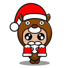 cartoon vector illustration of cute deer animal mascot costume character wearing christmas hat and wearing gloves