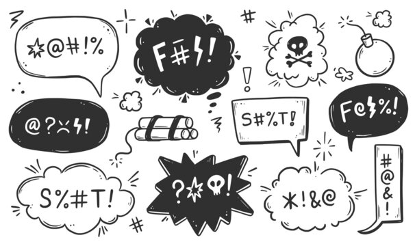 Swear word speech bubble set. Curse, rude, swear word for angry, bad, negative expression. Hand drawn doodle sketch style. Vector illustration.