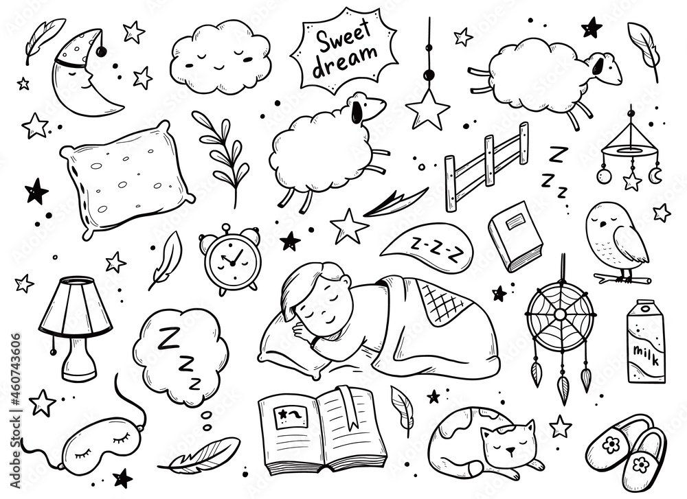 Wall mural sleep, relax time, dream night doodle set on white background. concept comfort night sleep time. han