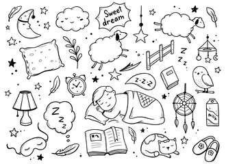Sleep, relax time, dream night doodle set on white background. Concept comfort night sleep time. Hand drawn sketch style. Moon, cat, star, lamp element. Vector illustration. © Polina Tomtosova