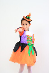 Portrait asian little kid girl in halloween costume isolated on white background.