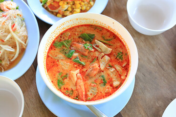 Tom Yum Goong is Thai famous soup with Chili pepper, shrimp, mushroom, lemon grass, lemonand galangal. Thailand Food