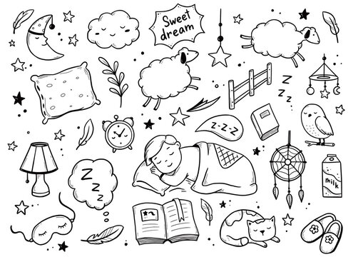 Sleep, relax time, dream night doodle set on white background. Concept comfort night sleep time. Hand drawn sketch style. Moon, cat, star, lamp element. Vector illustration.