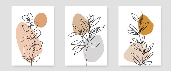 Botanical Print Set of 3. Floral Minimal Line Art for Boho Wall Decor. Leaves One Line Drawing Minimalist Style Wall Art. Vector EPS 10