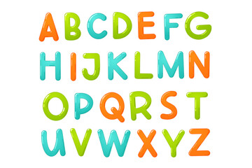 Colorful children font. Glossy kids alphabet in cartoon style. Vector typography for school, preschool and kindergarten design.