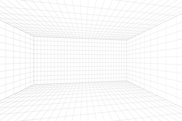 Grid perspective white room with gray wireframe background. Digital cyber box technology model. Vector abstract architectural template