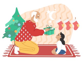 Grandfather giving Christmas gift to granddaughter, flat vector illustration. Grandparent grandchild relationships.