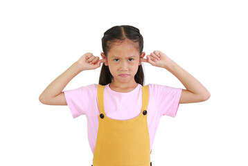 Angry kid close plug ears scream loudly tired by noisy sound, furious angry. Annoyed Asian little...