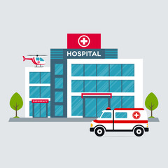 Hospital Building with Ambulance Car and Helicopter