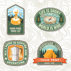 Set of patch or sticker with travel inspirational quotes. Vector. Concept for shirt or logo, print, stamp. Design with retro geyser coffee maker, camping tent, compass, primus silhouette Camping quote