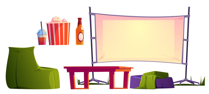 Open Air Cinema On Backyard Or Public Park With Big Screen, Chairs And Table. Vector Cartoon Set Of Equipment For Outdoor Movie Theater On Summer Lawn Isolated On White Background