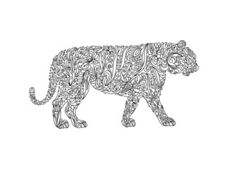 Stylized tiger, isolated on white background. Freehand sketch for adult anti stress coloring book page with doodle and zentangle elements. Vector