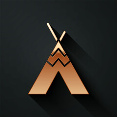 Gold Traditional indian teepee or wigwam icon isolated on black background. Indian tent. Long shadow style. Vector © Vadim