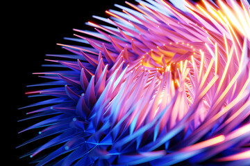 Fototapeta premium 3D illustration of transparent glassy pink aster flower with many leaves on a dark background under neon light. Cyber flower shape