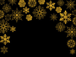 黒を背景に、金色のいろいろな雪の結晶を配した、中央にテキストスペースを設ける
