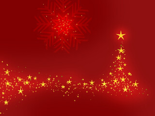 赤色をベースとし、キラキラした星を配したクリスマスツリー、テキストスペースあり