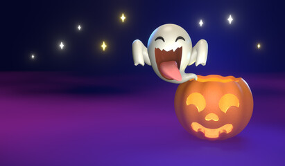 Spooky smiling pumpkin with scary ghost on dark background. Modern 3d render
