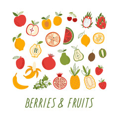 Set of berries and fruits: apple, apricot, cherry, watermelon, lemon, pear,  kiwi, grapes, banana,  pineapple,  pomegranate, mango, strawberry. Vector flat illustration with simple plant foods